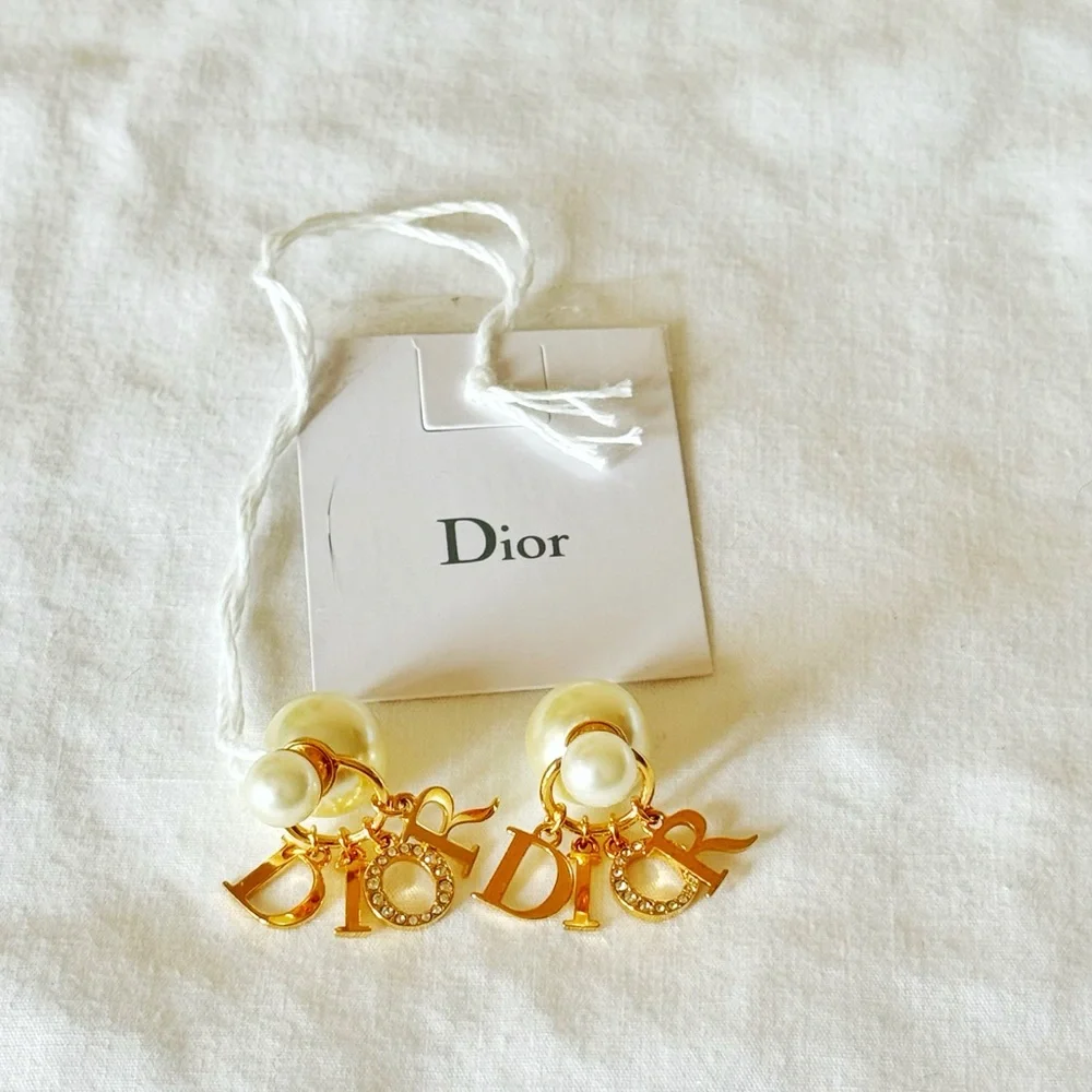 Dior Gold-Tone Faux Pearl & Crystal “DIOR” Charm Clip-On Earrings - Picture 6 of 7